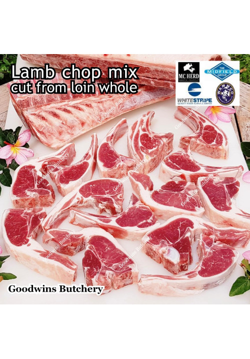 Lamb chop MIX CHOPS, cut from whole loin, frozen 1 & 3/4" +/- 2 kg/bag (price/kg) brand Australia Wammco / WhiteStripe